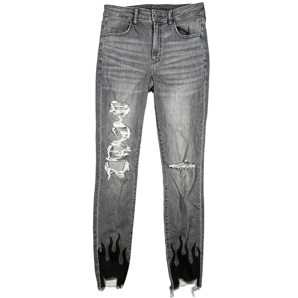 American Eagle Super Hi Rise Jegging Women's 8 Long Distressed Flame Hem Pockets - Picture 2 of 16